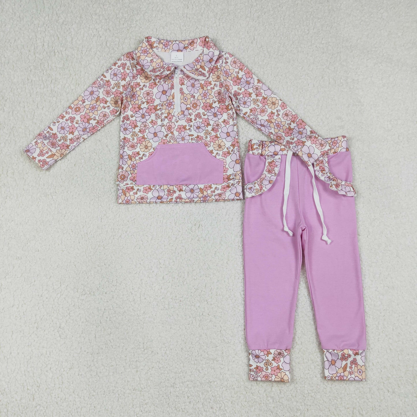 GLP3281 Flower Light Purple Pocket Zip Collar Long Sleeve Pants Girls Sets 202601 RTS