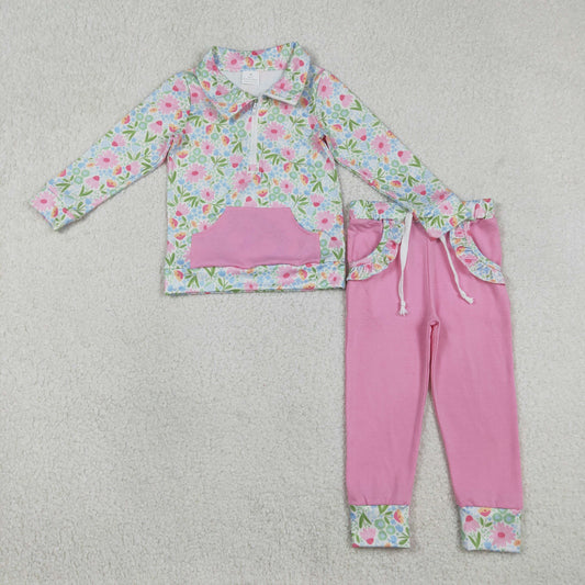 GLP3282 Flower Leaf Pink Pocket Zip Collar Long Sleeve Pants Girls Sets 202601 RTS