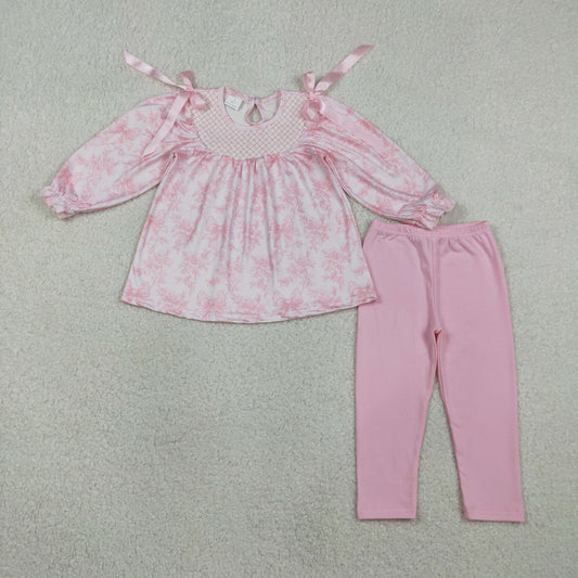 GLP3285 Smocked Flower Bow Pink Long Sleeve Pants Girls Sets 202602 RTS