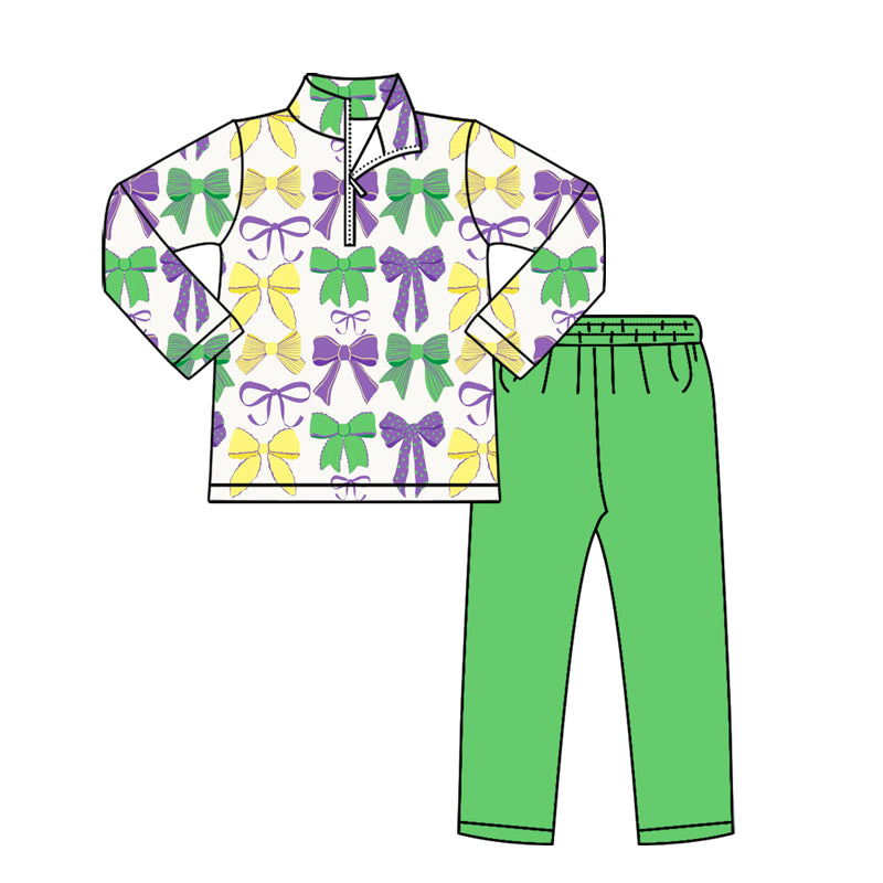 MOQ 5 PCS Preorder GLP3288 Mardi Gras Bows White Zip Collar Long Sleeve Green Pants Girls Sets 202512