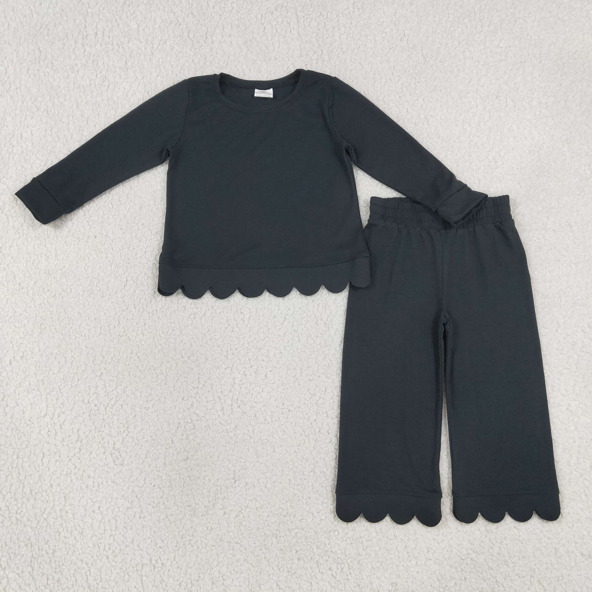 GLP3290 Solid Black Wave Ruffle Long Sleeve Pants Girls Sets 202608 RTS