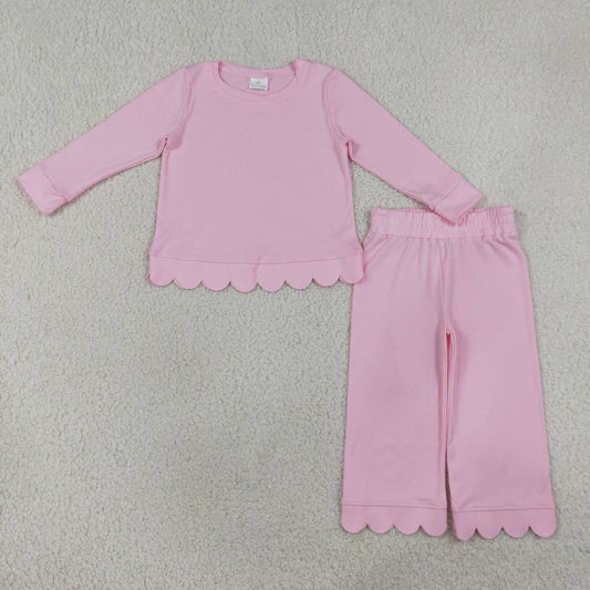 GLP3291 Solid Pink Wave Ruffle Long Sleeve Pants Girls Sets 202608 RTS