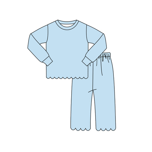 MOQ 30 PCS Preorder GLP3292 Solid Blue Wave Ruffle Long Sleeve Pants Girls Sets 202604
