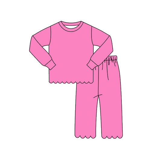 MOQ 30 PCS Preorder GLP3294 Solid Rose Red Wave Ruffle Long Sleeve Pants Girls Sets 202604