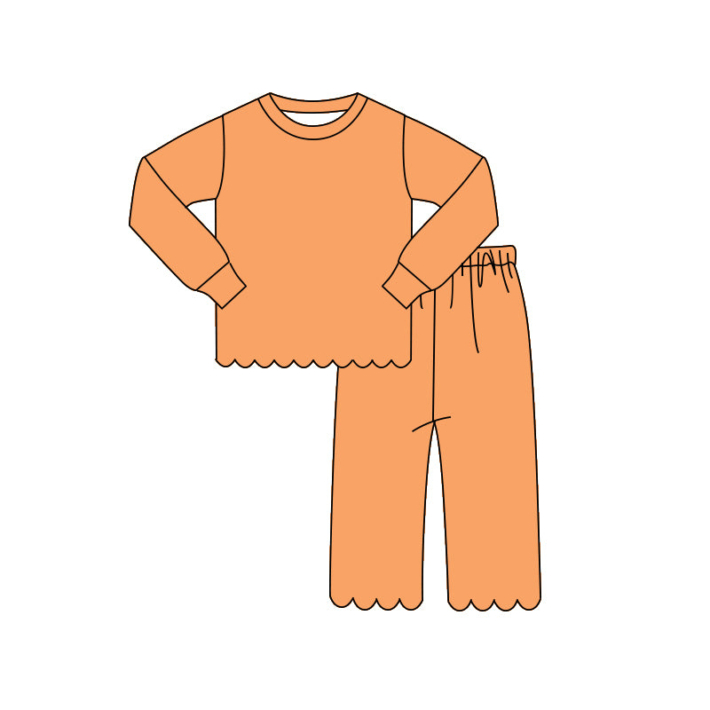 MOQ 30 PCS Preorder GLP3295 Solid Orange Wave Ruffle Long Sleeve Pants Girls Sets 202604