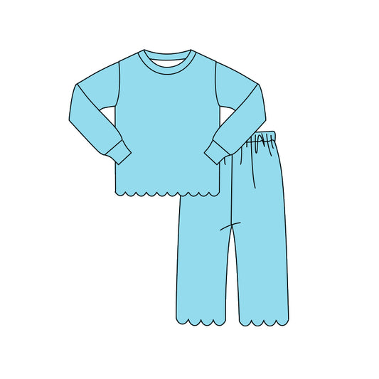 MOQ 30 PCS Preorder GLP3297 Solid Blue Green Wave Ruffle Long Sleeve Pants Girls Sets 202604