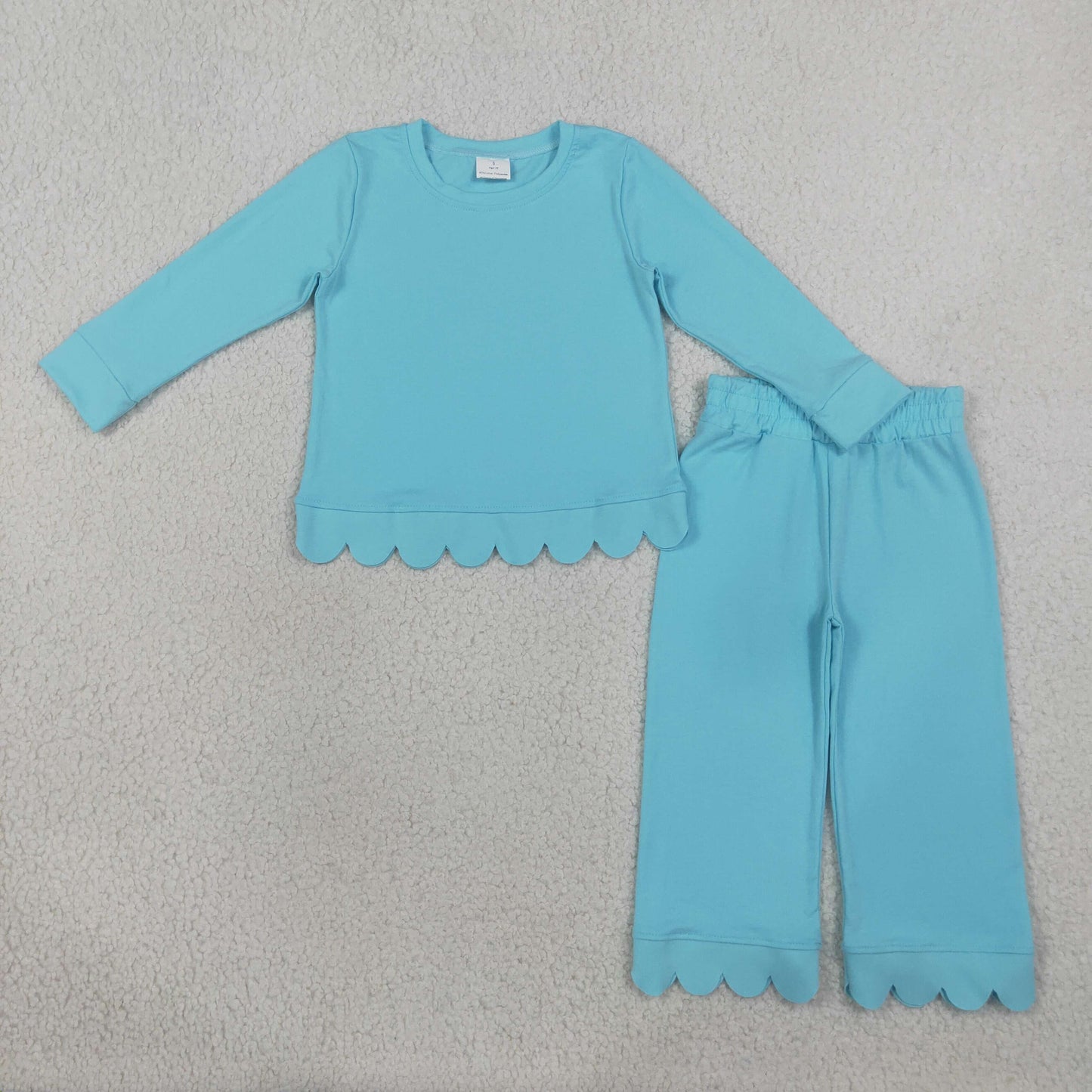GLP3297 Solid Blue Green Wave Ruffle Long Sleeve Pants Girls Sets 202608 RTS