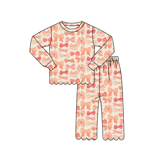 MOQ 30 PCS Preorder GLP3302 Orange Bows Beige Wave Ruffle Long Sleeve Pants Girls Sets 202604