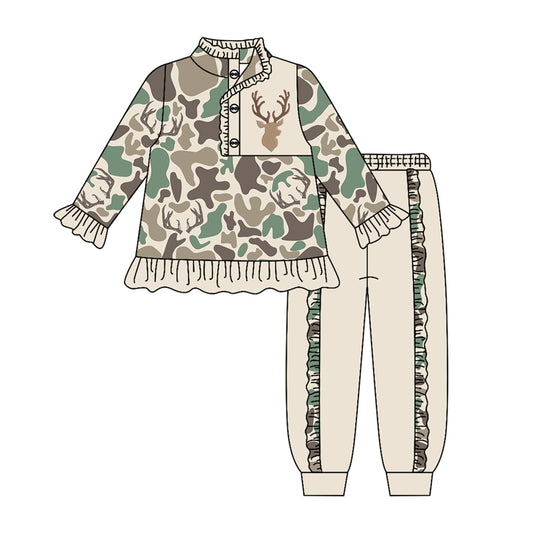 MOQ 5 PCS Preorder GLP3307 Deer Pattern Beige Brown Green Camouflage Ruffle Buttons Collar Long Sleeve Pants Girls Sets 202604