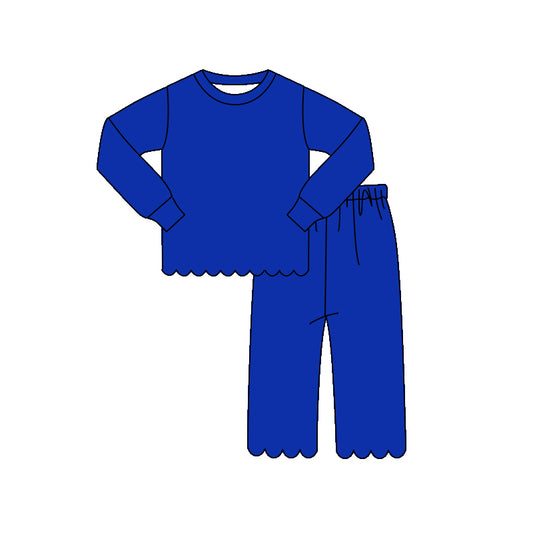 MOQ 30 PCS Preorder GLP3311 Solid Royal Blue Wave Ruffle Long Sleeve Pants Girls Sets 202604