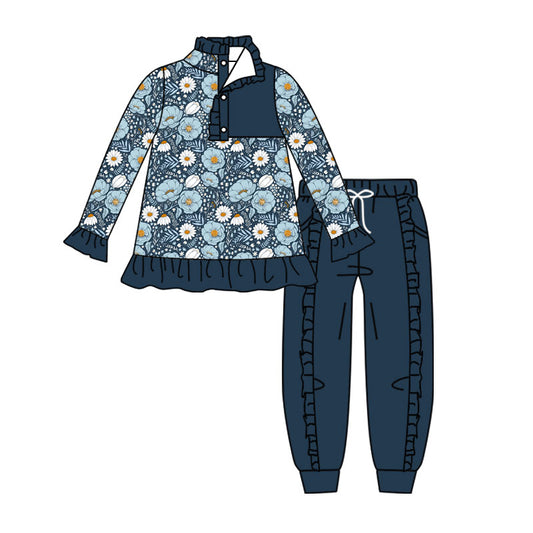 MOQ 5 PCS Preorder GLP3313 Flower Navy Ruffle Button Polo Long Sleeve Pants Girls Sets 202604