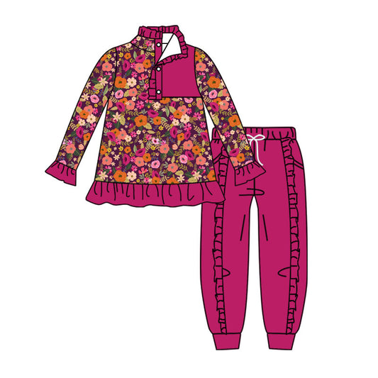 MOQ 5 PCS Preorder GLP3314 Flower Rose Red Ruffle Button Polo Long Sleeve Pants Girls Sets 202604