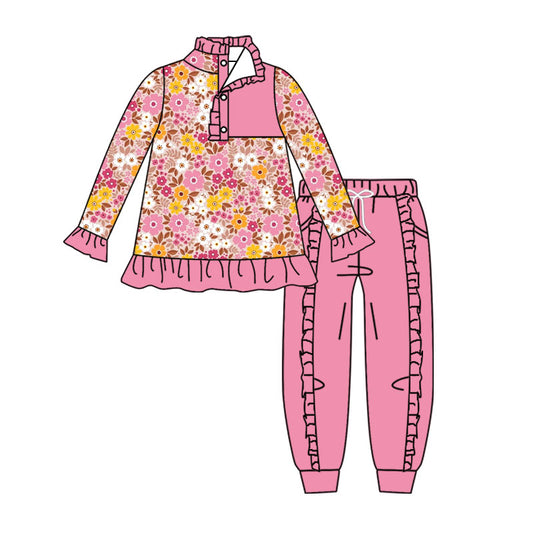 MOQ 5 PCS Preorder GLP3315 Flower Pink Ruffle Button Polo Long Sleeve Pants Girls Sets 202604
