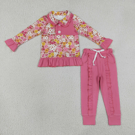 GLP3315 Flower Pink Ruffle Button Polo Long Sleeve Pants Girls Sets 202607 RTS