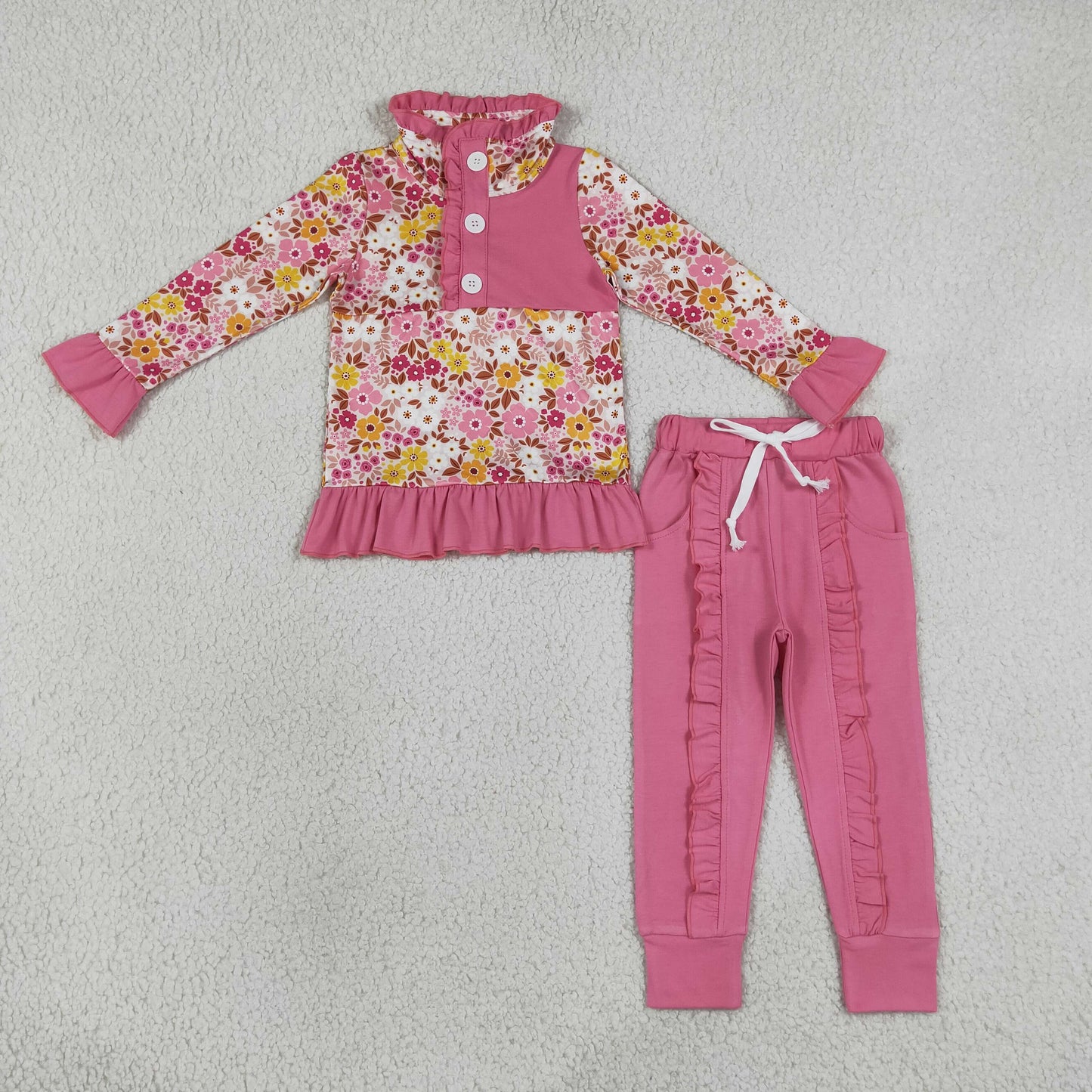 GLP3315 Flower Pink Ruffle Button Polo Long Sleeve Pants Girls Sets 202607 RTS