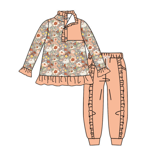 MOQ 5 PCS Preorder GLP3316 Flower Orange Pink Ruffle Button Polo Long Sleeve Pants Girls Sets 202604