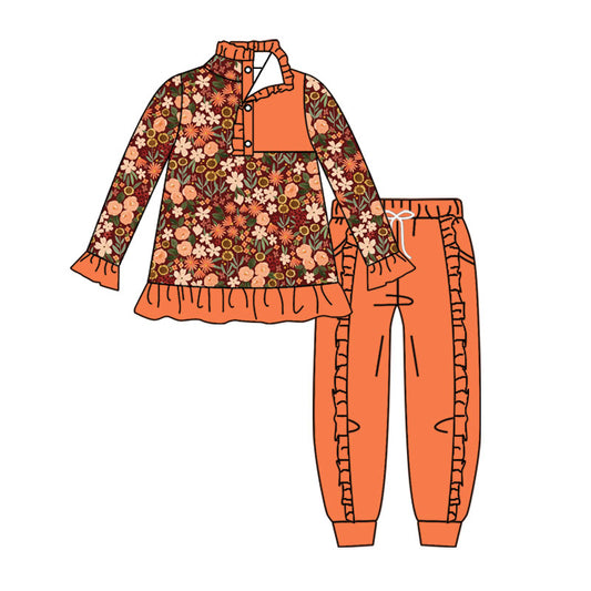 MOQ 5 PCS Preorder GLP3317 Flower Orange Ruffle Button Polo Long Sleeve Pants Girls Sets 202604