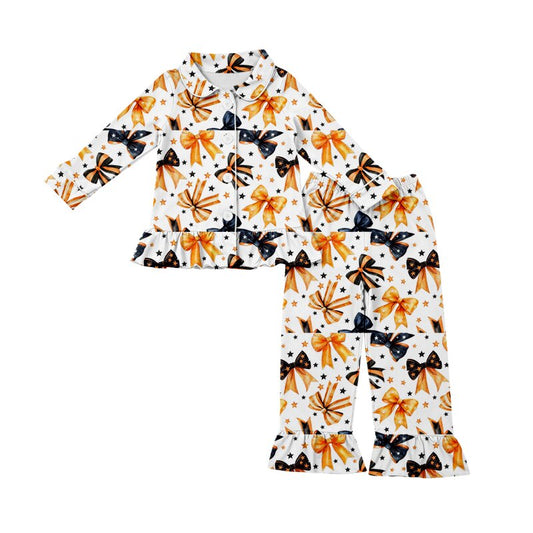 MOQ 5 PCS Preorder GLP3318 Halloween Bows Star Button Polo Long Sleeve Pants Girls Pajamas Sets 202604