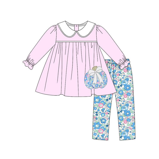 MOQ 5 PCS Preorder GLP3319 Floral Pumpkin Bow Doll Collar Pink Purple Long Sleeve Pants Girls Sets 202604