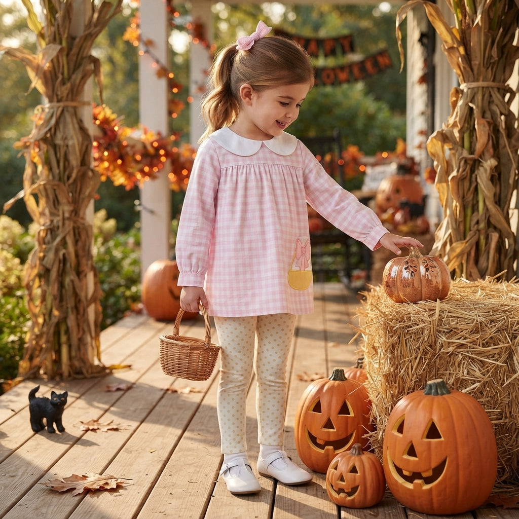 GLP3320 Embroidery Candy Corn Bows Pink Plaid Dots Girls Set 202609 RTS