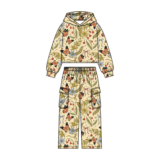 MOQ 5 PCS Preorder GLP3322 Butterfly Caterpillar Leaf Beige Yellow Hooded Long Sleeve Pocket Pants Girls Sets 202604
