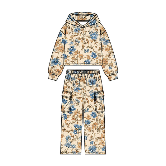 MOQ 5 PCS Preorder GLP3323 Flower Leaf Khaki Hooded Long Sleeve Pocket Pants Girls Sets 202604