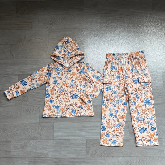 NO MOQ Preorder GLP3323 Flower Leaf Khaki Hooded Long Sleeve Pocket Pants Girls Sets 202607