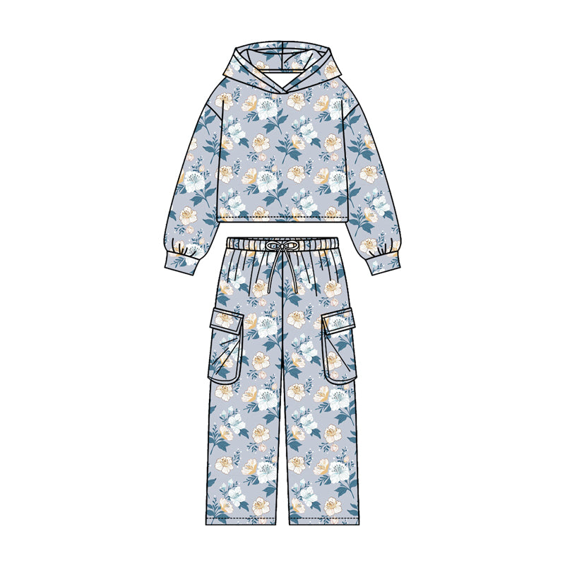 MOQ 5 PCS Preorder GLP3324 Flower Leaf Gray Blue Hooded Long Sleeve Pocket Pants Girls Sets 202604