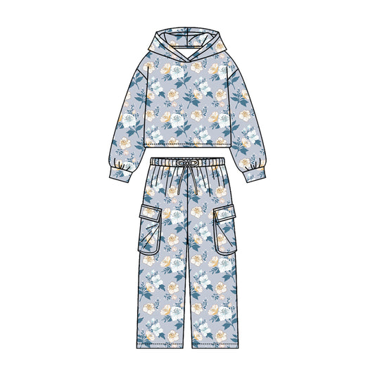 MOQ 5 PCS Preorder GLP3324 Flower Leaf Gray Blue Hooded Long Sleeve Pocket Pants Girls Sets 202604
