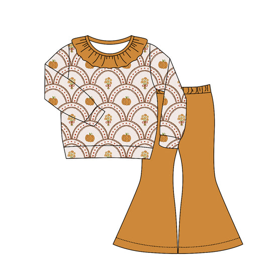 MOQ 5 PCS Preorder GLP3326 Pumpkin Flower Orange Ruffle Long Sleeve Bell Bottom Pants Girls Sets 202604