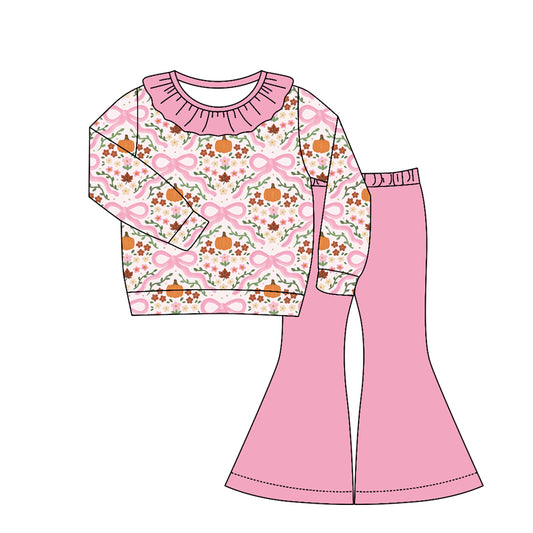 MOQ 5 PCS Preorder GLP3327 Pumpkin Flower Bows Pink Ruffle Long Sleeve Bell Bottom Pants Girls Sets 202604