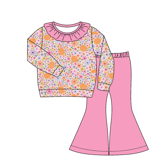 MOQ 5 PCS Preorder GLP3329 Floral Pumpkin Rose Red Ruffle Long Sleeve Bell Bottom Pants Girls Sets 202604