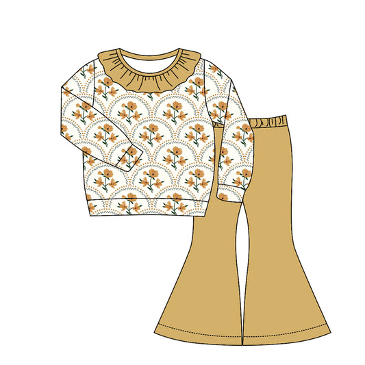 MOQ 5 PCS Preorder GLP3330 Flower Khaki Ruffle Long Sleeve Bell Bottom Pants Girls Sets 202604