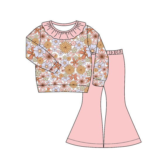 MOQ 5 PCS Preorder GLP3331 Flower Pink Ruffle Long Sleeve Bell Bottom Pants Girls Sets 202604