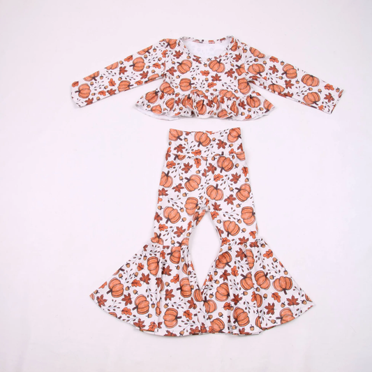 MOQ 5 PCS Preorder GLP3332 Pumpkin Leaf Ruffle White Long Sleeve Bell Bottom Pants Girls Sets 202604