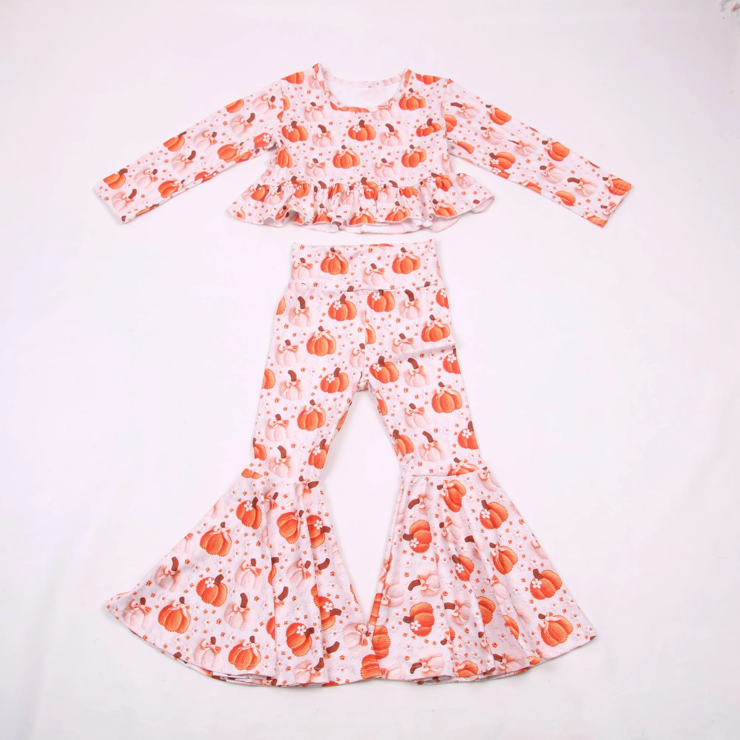 MOQ 5 PCS Preorder GLP3333 Pumpkin Flower Ruffle Light Pink Long Sleeve Bell Bottom Pants Girls Sets 202604