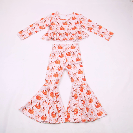 MOQ 5 PCS Preorder GLP3333 Pumpkin Flower Ruffle Light Pink Long Sleeve Bell Bottom Pants Girls Sets 202604