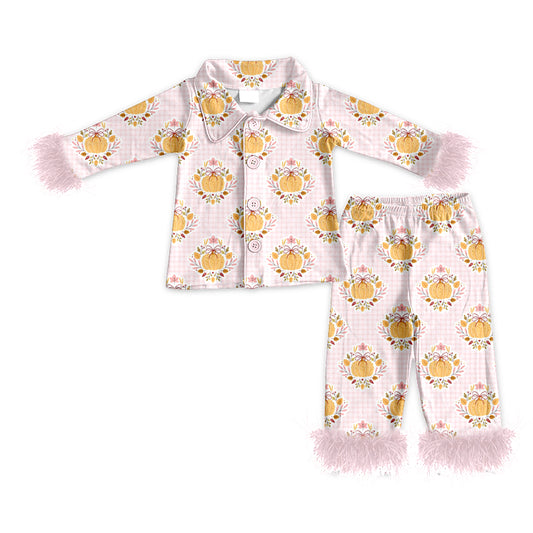 MOQ 5 PCS Preorder GLP3334 Pumpkin Flower Bows Plaid Pink Plush Polo Buttons Long Sleeve Pants Girls Pajamas Sets 202604