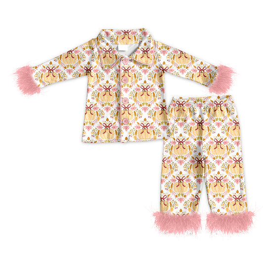 MOQ 5 PCS Preorder GLP3335 Pumpkin Flower Bows Pink Plush Polo Buttons Long Sleeve Pants Girls Pajamas Sets 202604