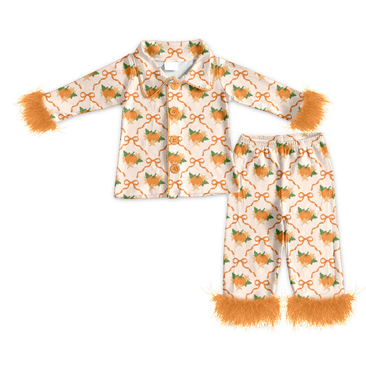 MOQ 5 PCS Preorder GLP3336 Pumpkin Leaf Bows Orange Plush Polo Buttons Long Sleeve Pants Girls Pajamas Sets 202604