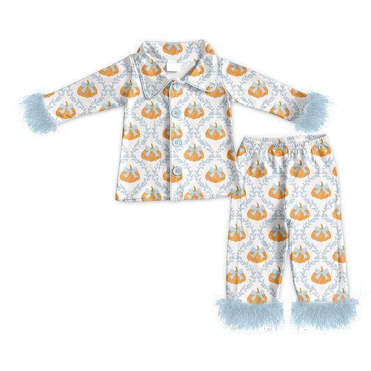 MOQ 5 PCS Preorder GLP3337 Pumpkin Leaf Bows Gray Blue Plush Polo Buttons Long Sleeve Pants Girls Pajamas Sets 202604