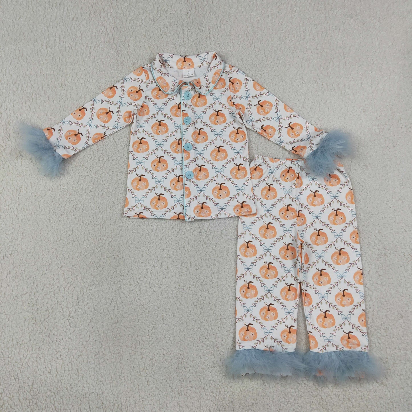 GLP3338 Fall Pumpkin Bows Plush Edge Long Sleeves Pants Pajamas Girls Set 202608 RTS