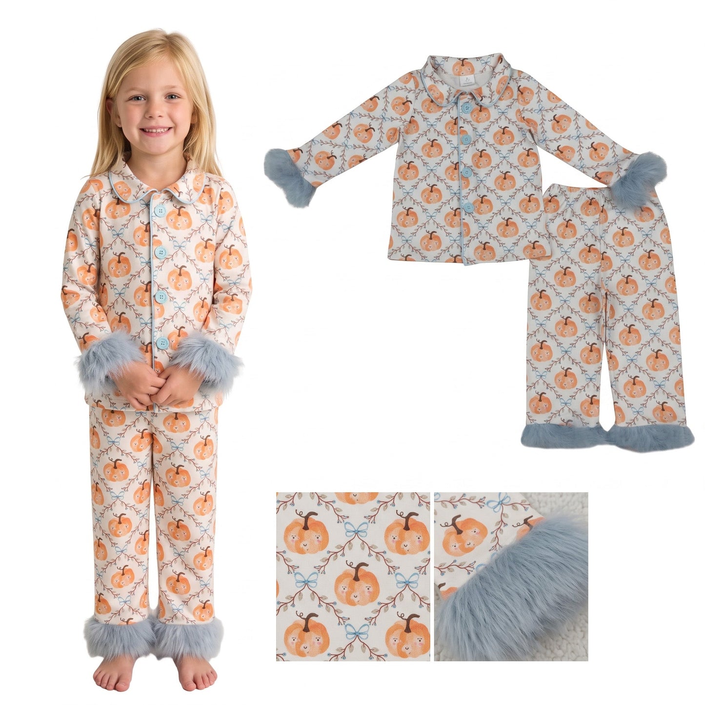 GLP3386 RTS kids clothing pumpkin print girl fall winter outfit fur pajamas set