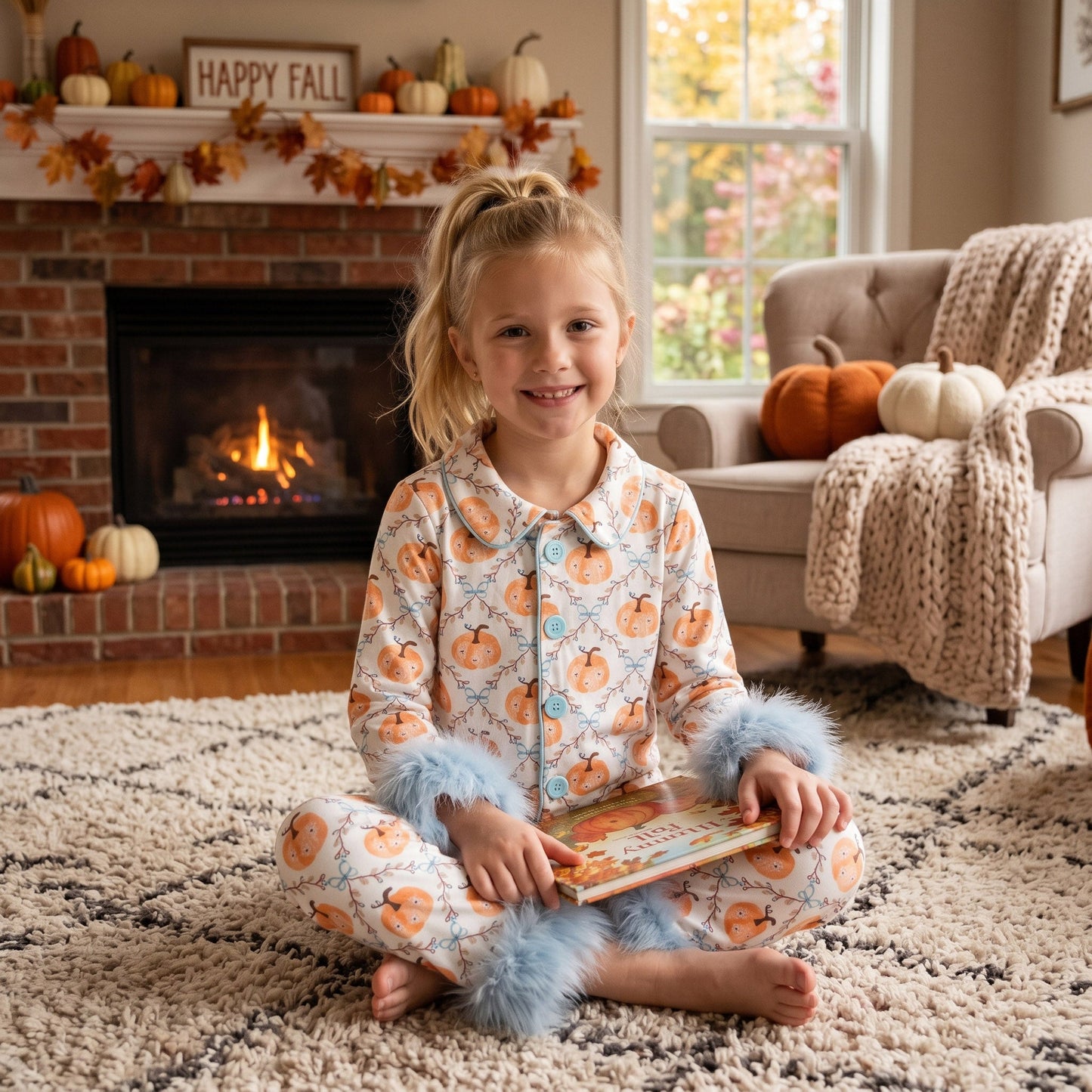 GLP3386 RTS kids clothing pumpkin print girl fall winter outfit fur pajamas set