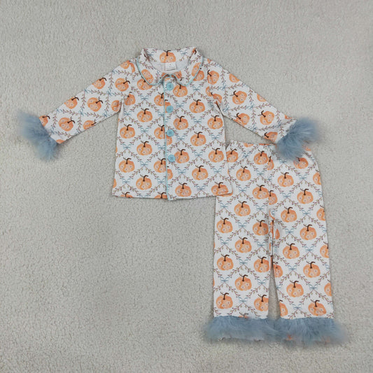 GLP3386 RTS kids clothing pumpkin print girl fall winter outfit fur pajamas set