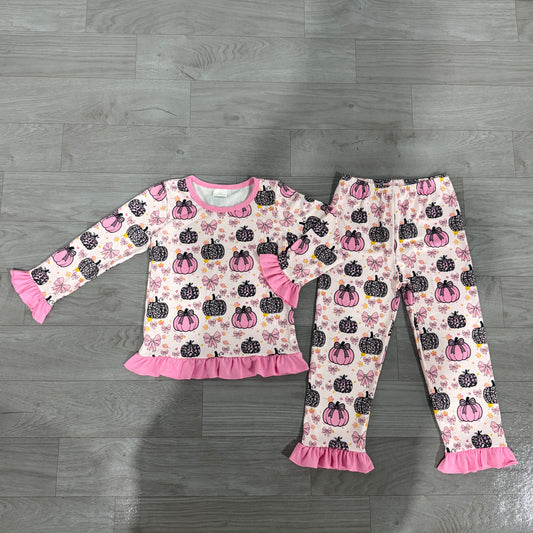 NO MOQ Preorder GLP3350 Leopard Pumpkin Bows Pink Ruffle Long Sleeve Pants Girls Pajamas Sets 202607