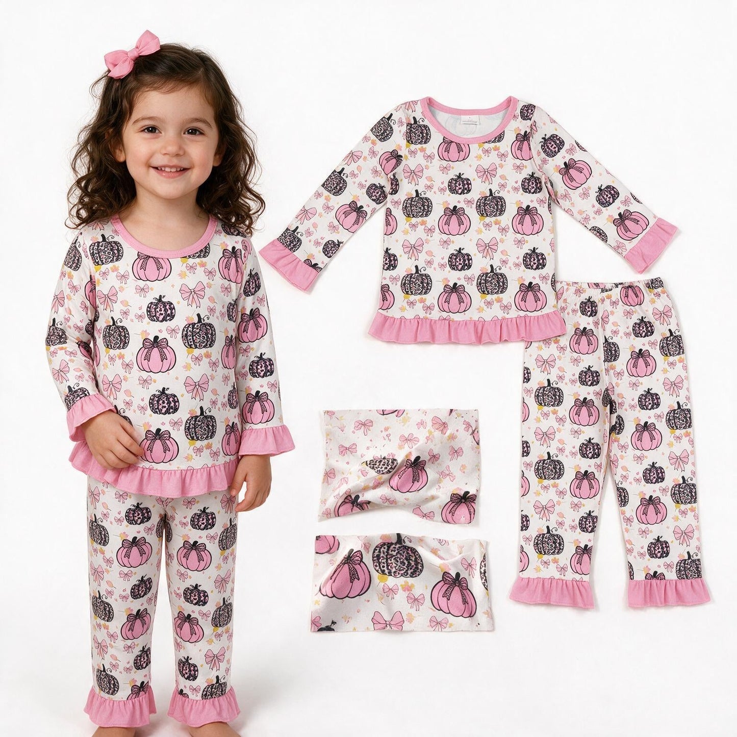 GLP3350 Pumpkin Bows Pink Girls Pajamas Set