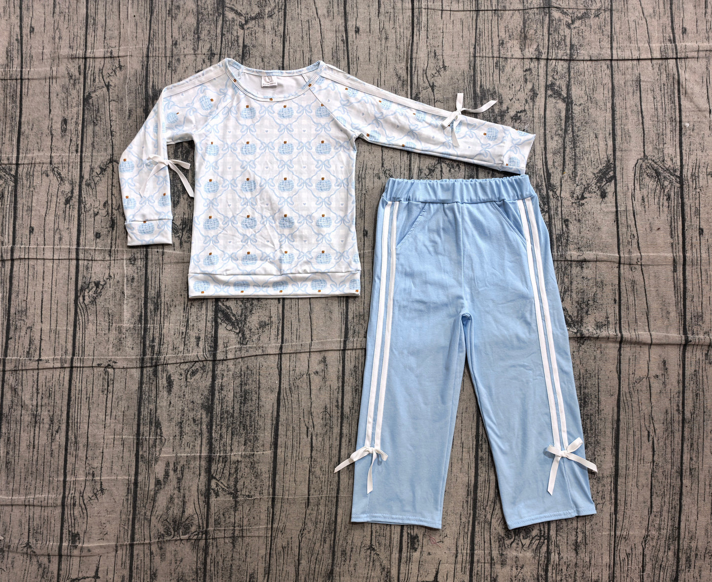 NO MOQ Preorder GLP3351 Pumpkin Bows Blue White Long Sleeve Pants Girls Sets 202606