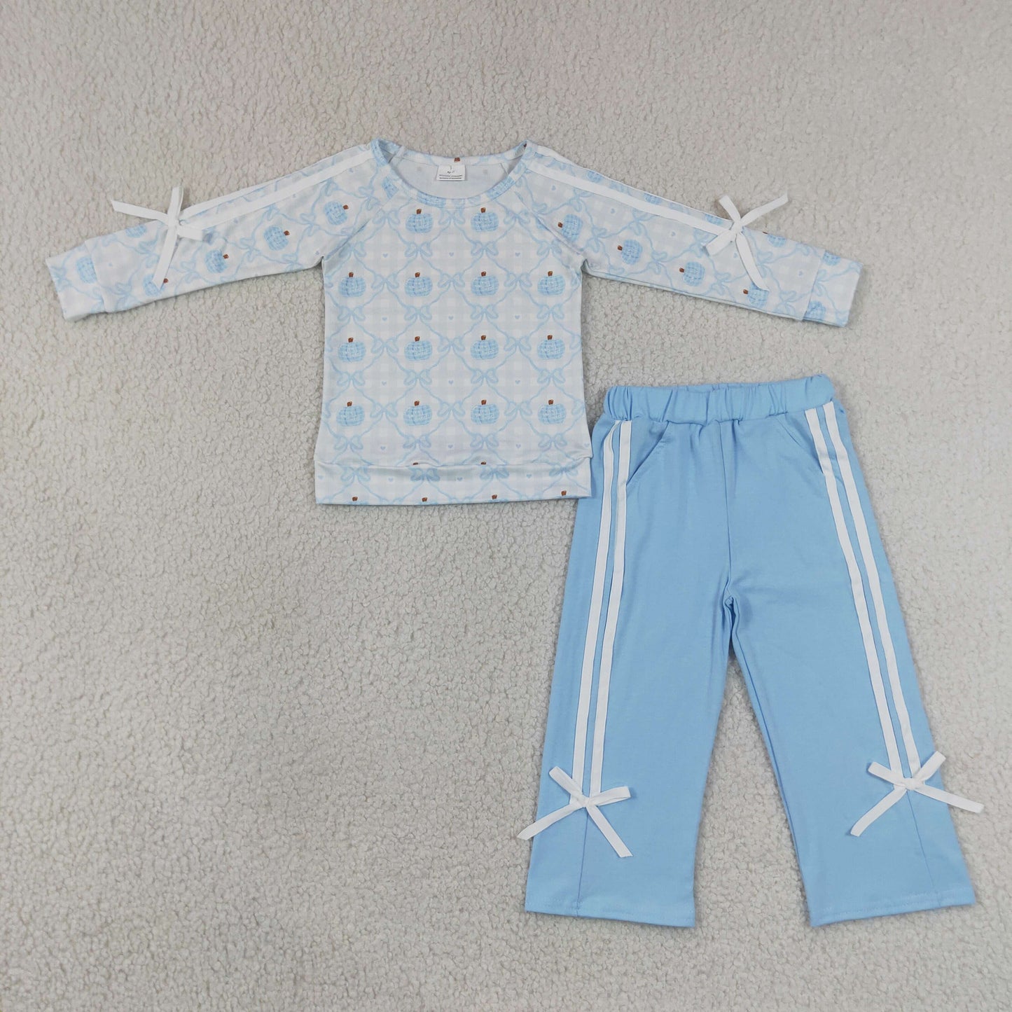 GLP3351 Pumpkin Bows Blue White Long Sleeve Pants Girls Sets 202607 RTS