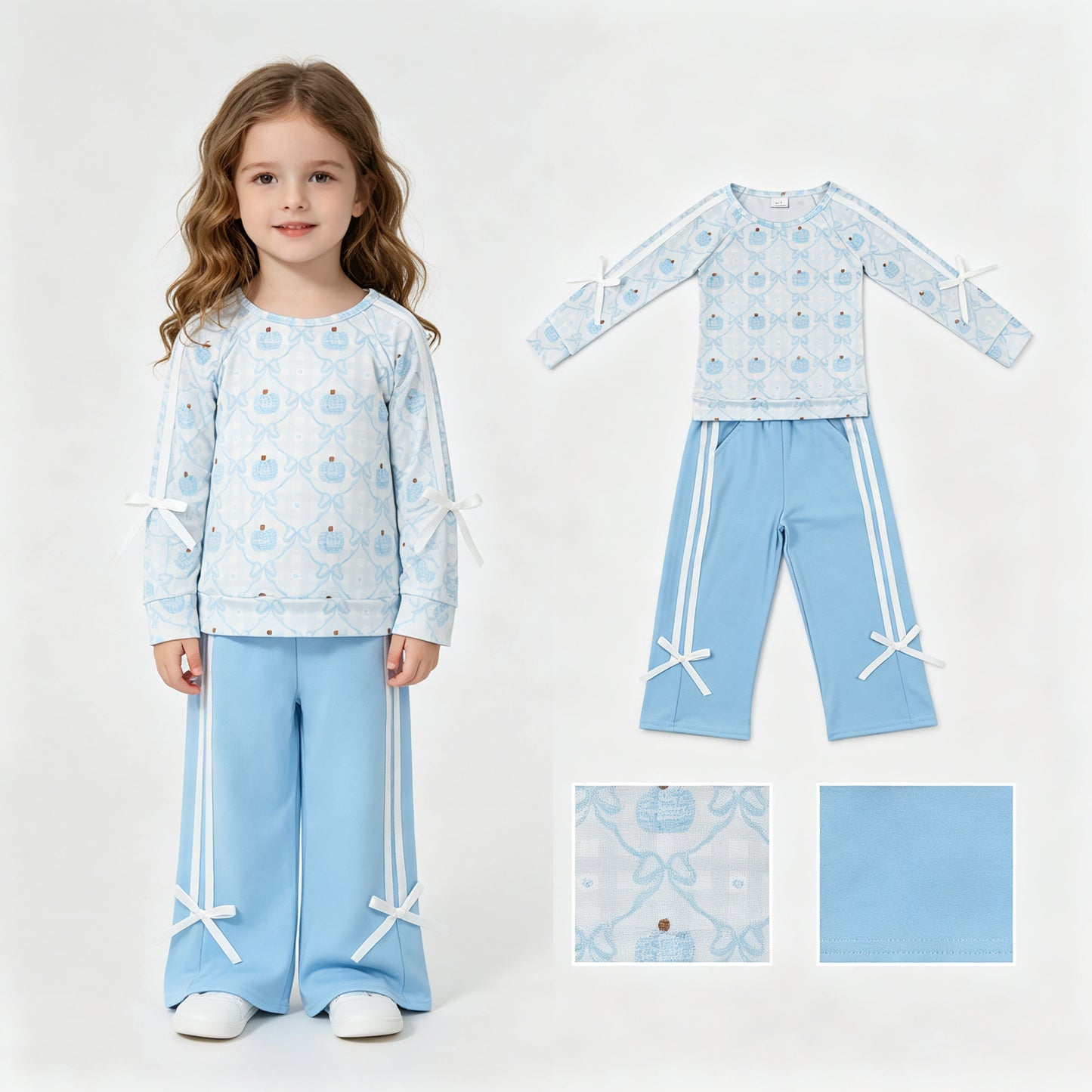 GLP3351 Pumpkin Bows Blue White Long Sleeve Pants Girls Sets 202607 RTS